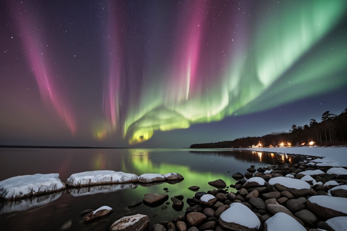 Create a breathtaking nighttime landscape photo of Chesapeake Bay,  where the water reflects the stunning hues of the Auro...