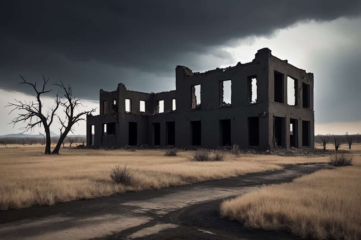 Create a dark and depressing scorched earth landscape image,  inspired by artist Jackson Pollack. The scene evokes a sense...