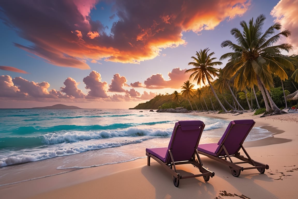 Create a breathtaking landscape photo of a sunset over a bay in the Caribbean,  where vibrant hues of orange,  pink by Use...