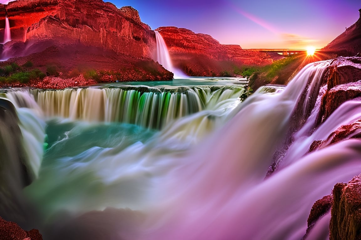 Create a mesmerizing landscape photo in the style of Ron English,  capturing a sunset over Havasu Falls in Arizona,  USA....
