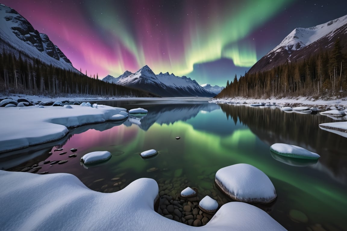 Capture a breathtaking nighttime landscape photo of a serene bay in Alaska,  where the waters reflect the glowing aurora b...