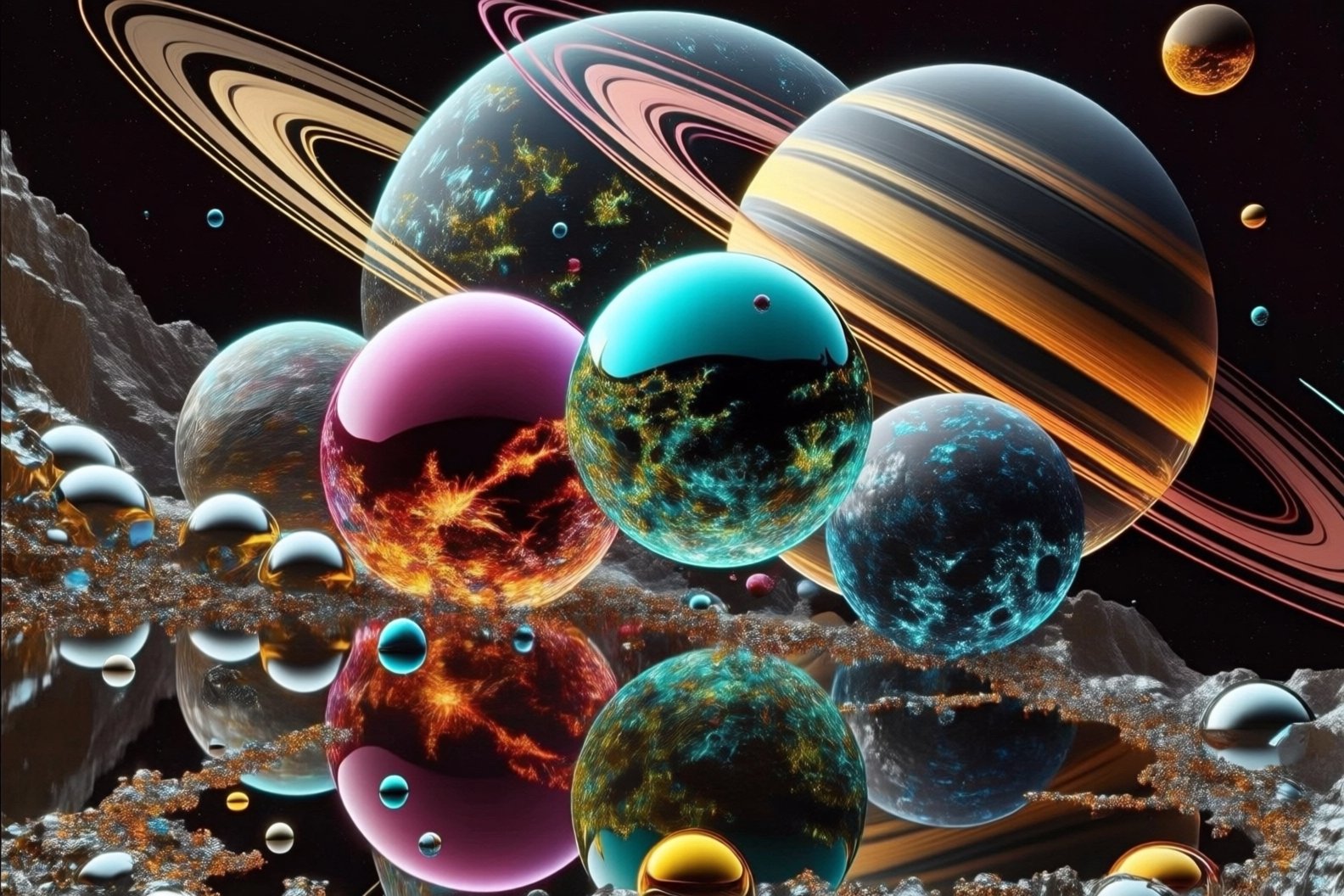 Create a metallic,  glossy,  and reflective abstract scene in a surreal by User, User, User on Tensor.Art