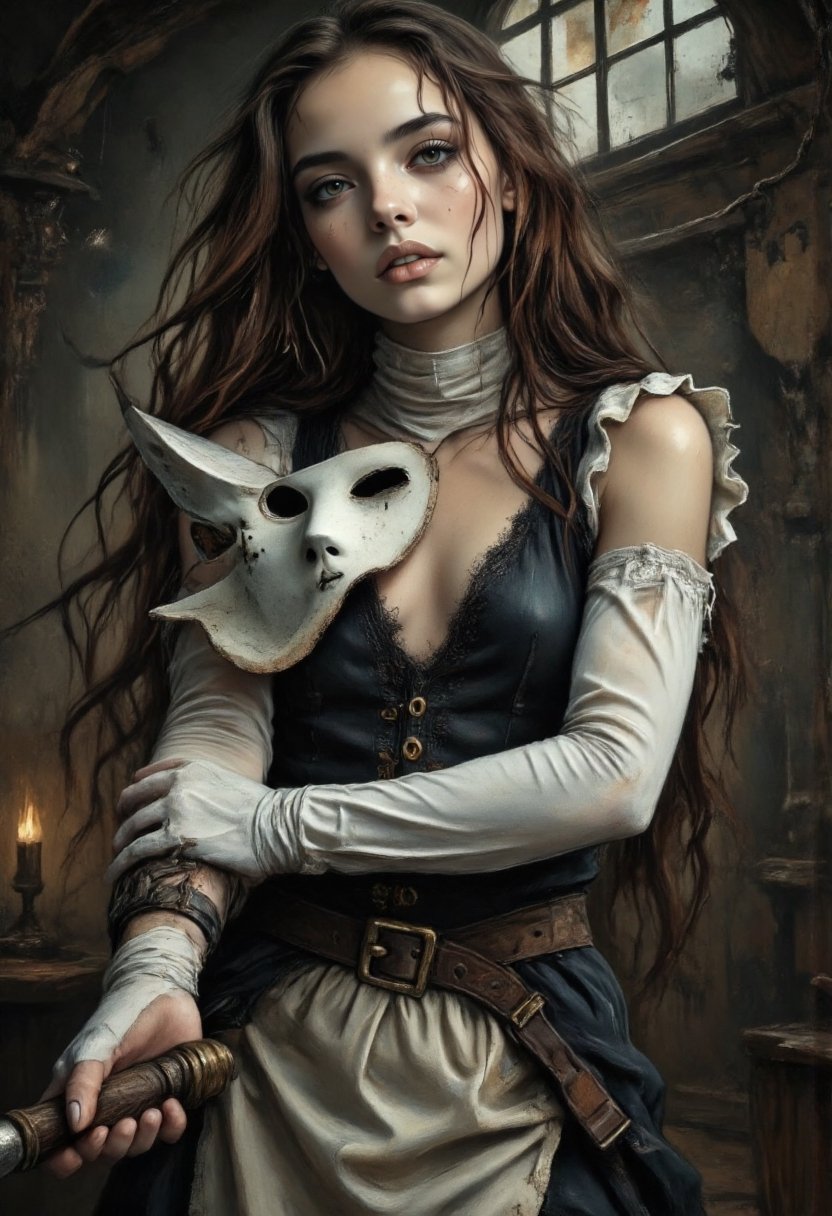 A gorgeous latex maid,  stands in a dark room,  a scary intricate mask is slung to hang low by Mye _Glover on Tensor.Art