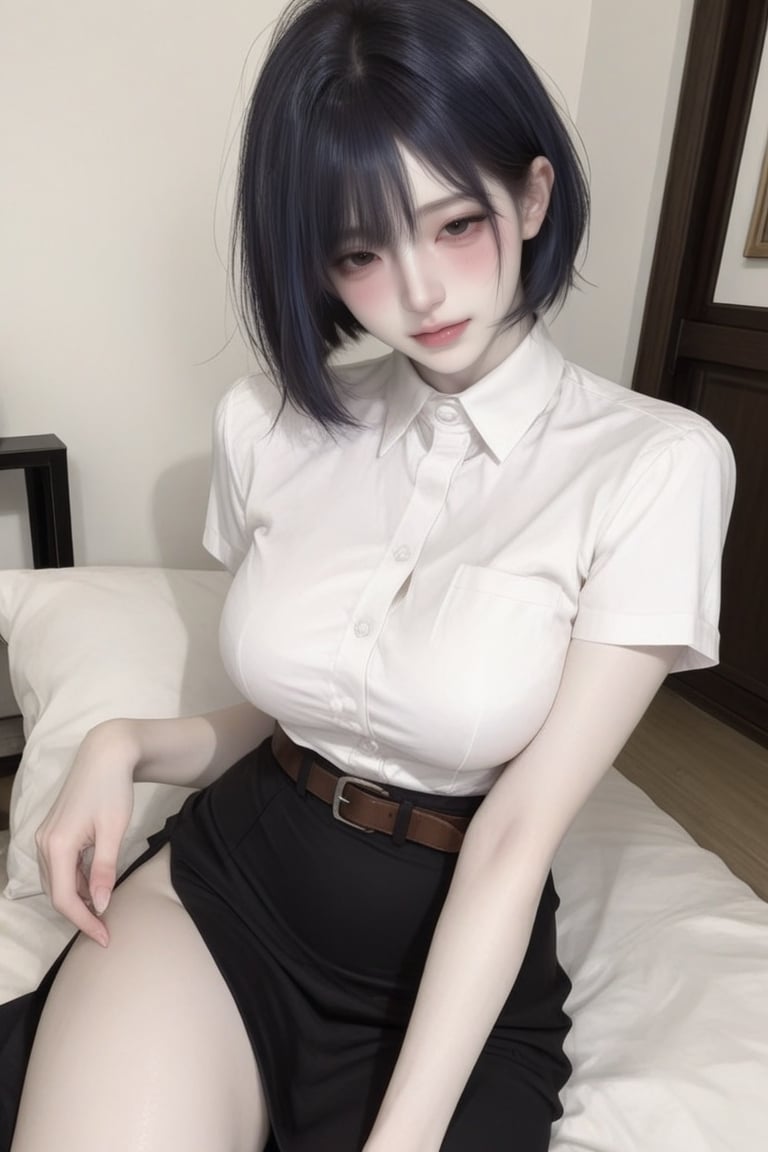 (1 woman) Short dark blue hair with bangs,  looks like a Japanese girl,  pale skin by Linet🪽 on Tensor.Art