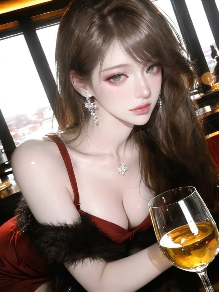 1 girl,  A 25-year-old woman with long chocolate-brown hair worn loose,  side-swept bangs. Beautiful and refined facial fe...