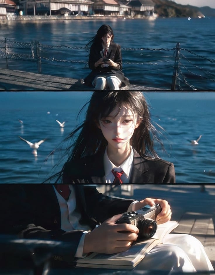 A cinematic three-panel composition of a young woman with a melancholic indie film aesthetic,  approximately 18-19 years o...