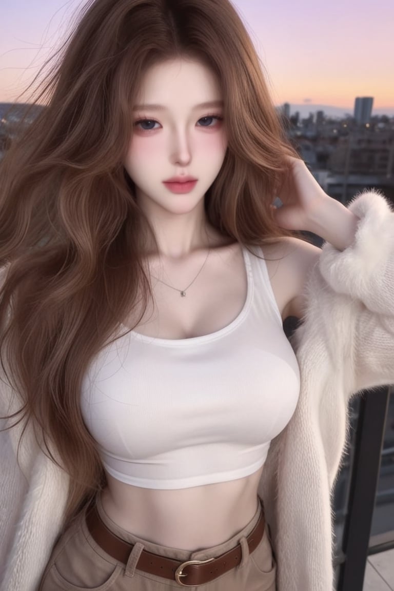 Solo girl 1: Long,  curly,  ramen-noodle-style hair; golden brown hair; black eyes; light pink blush; doll-like face; beau...