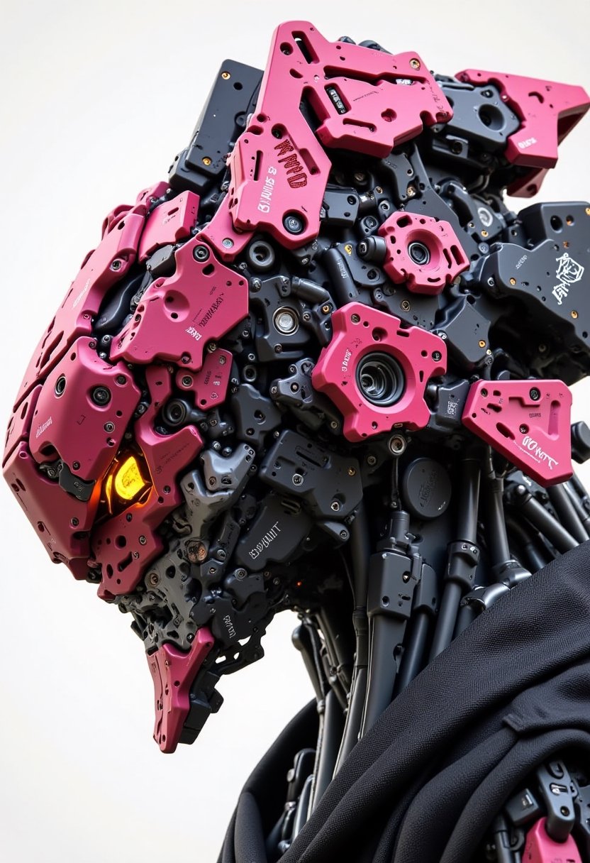 xx-818-xx,  A highly detailed mecha with a menacing looking,  predominantly in pink and gold by Don 5 on Tensor.Art