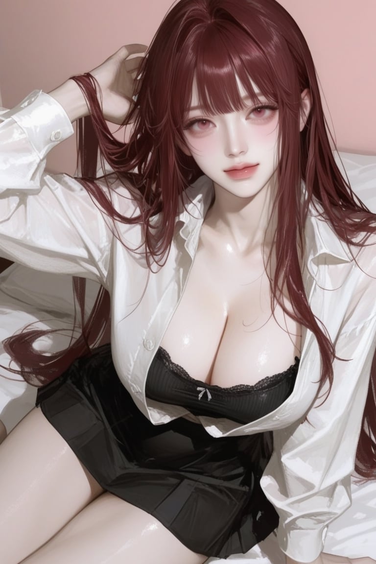 Full length portrait of a beautiful fair-skinned woman,  featuring long straight dark red hair,  bangs and dark black eyes...