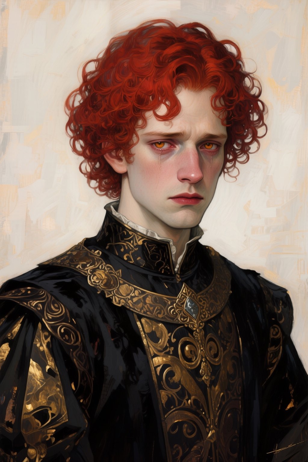 solo; portrait; male; red hair; curly red hair; hazel eyes; thin lips; sad look; medieval; fantasy; noble cloth - black an...