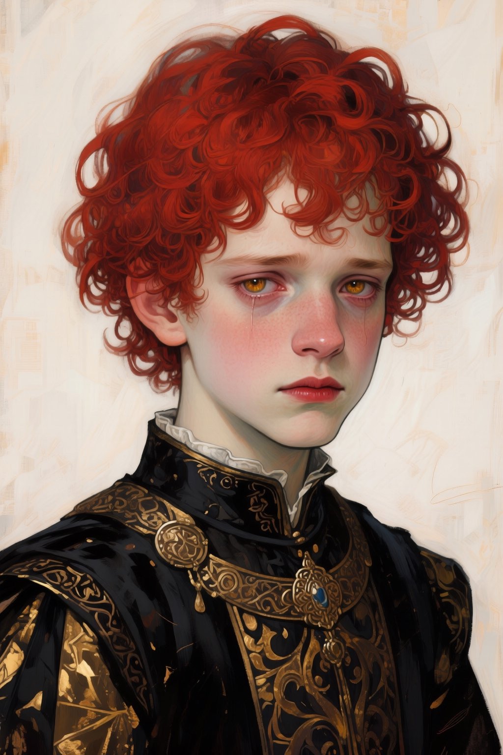solo; portrait; boy; male; red hair; curly red hair; hazel eyes; thin lips; sad look; medieval; fantasy; noble cloth - bla...