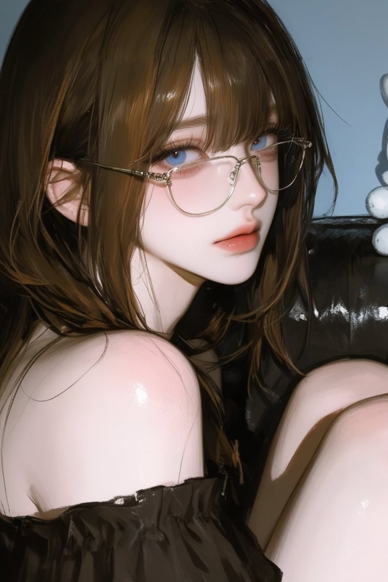 A beautiful young Japan woman in a black off-the-shoulder top. She is posed in a close-up profile,  looking to the side,...