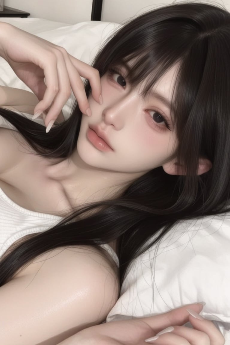 A pretty,  cute girl with a V-shaped face (white skin) (black hair),  wolfcut hairstyle by user_935749390172220101 on Tens...