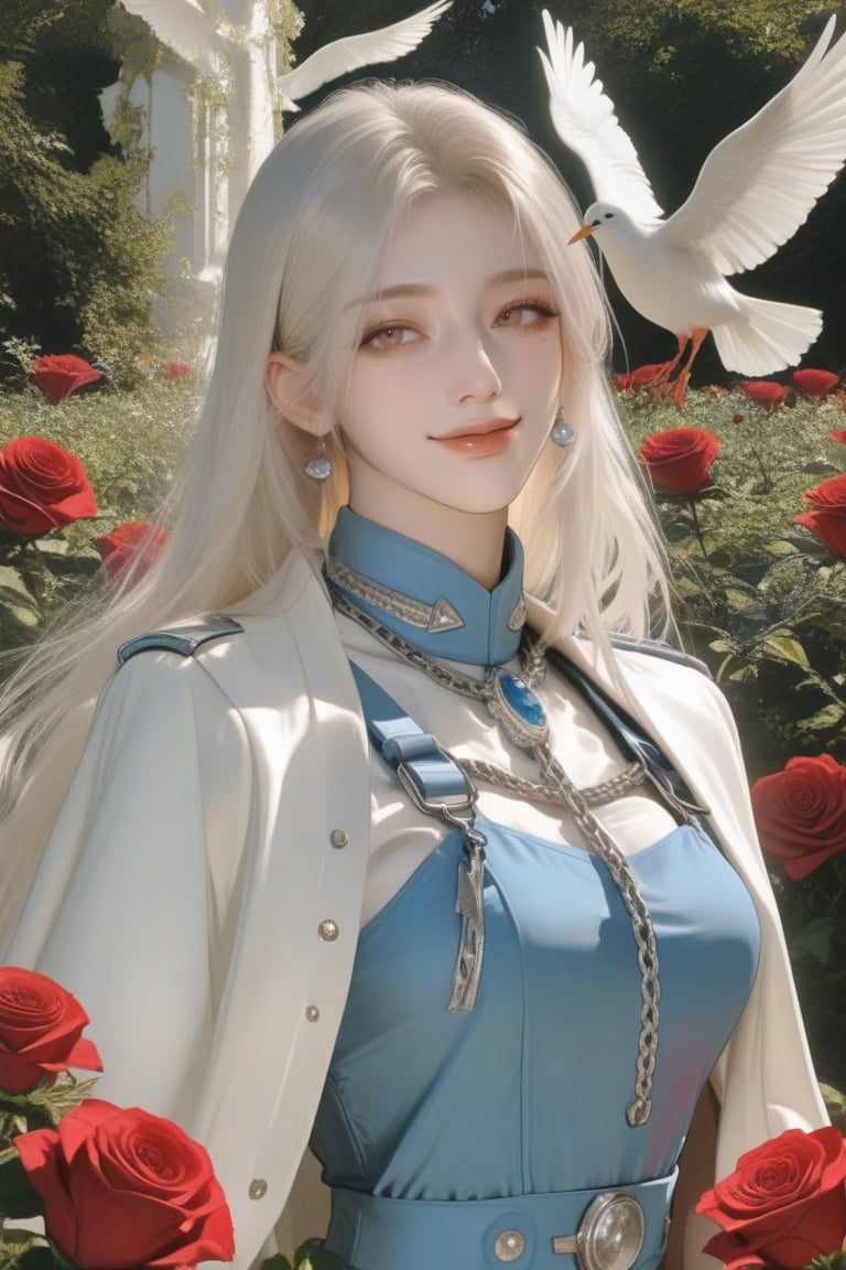 Attire/Uniform: A deep blue,  gold-trimmed formal uniform,  exuding elegance and the orderly demeanor of a high-ranking mi...