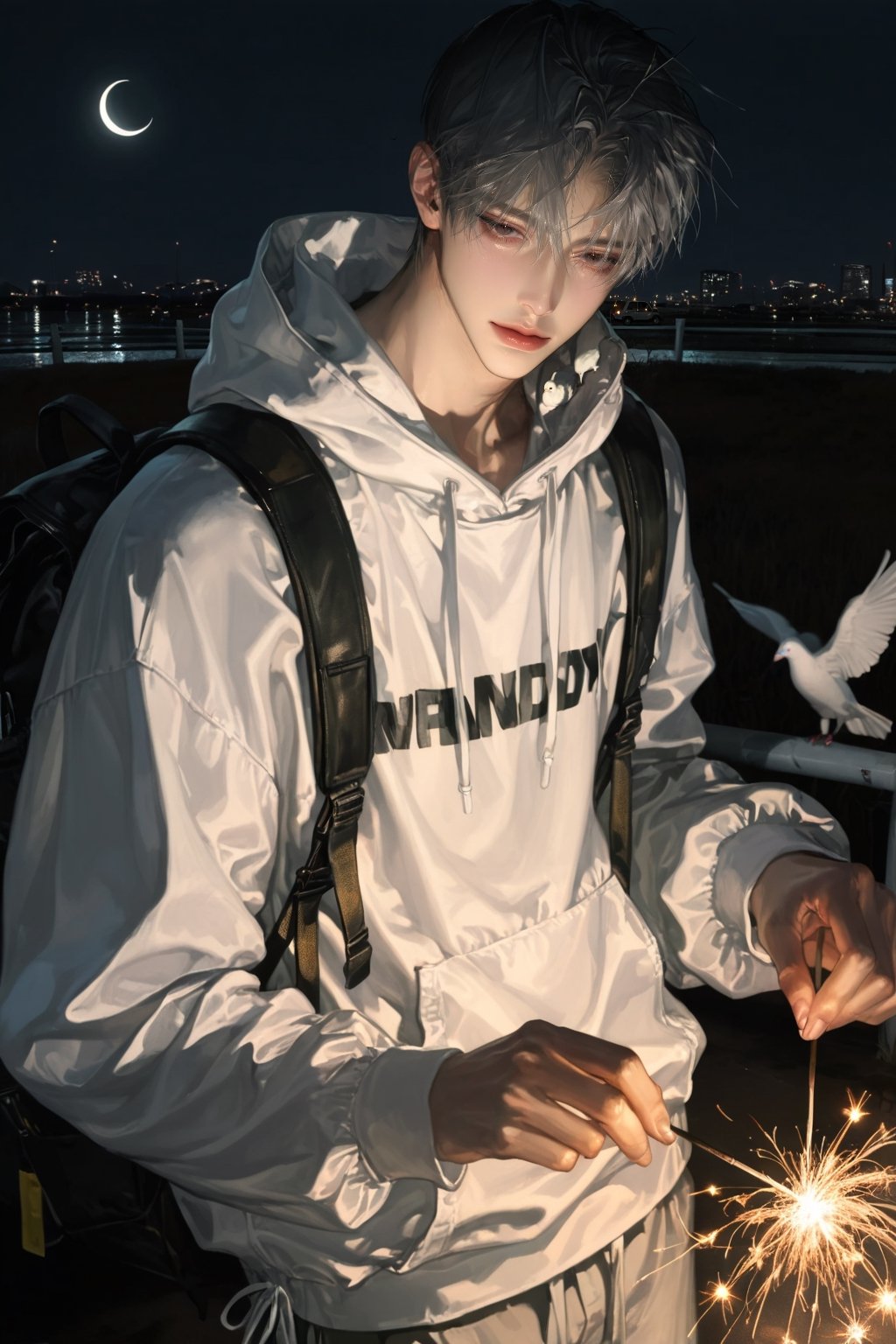 a handsome 1 man,  Purple sparkling gray hair,  pale flawless skin by Jasren quickly  on Tensor.Art