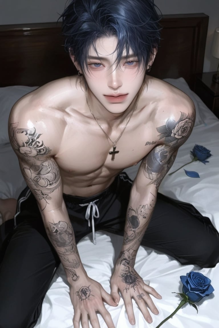 A young man have short hair dark Blue mullet and bluish-blue eyes,  has pinkish skin and a slight lift at the corners of h...