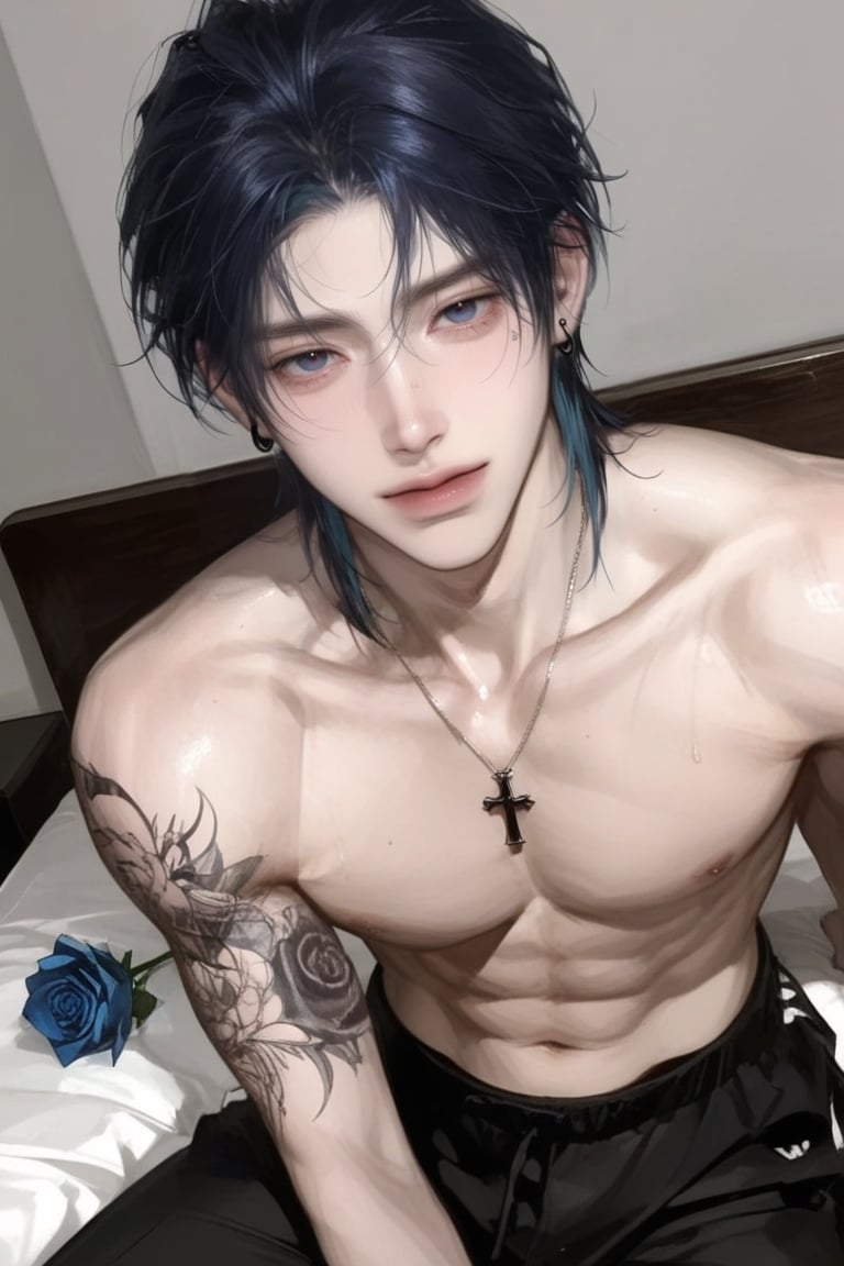 A young man have short hair dark Blue mullet and bluish-blue eyes,  has pinkish skin and a slight lift at the corners of h...