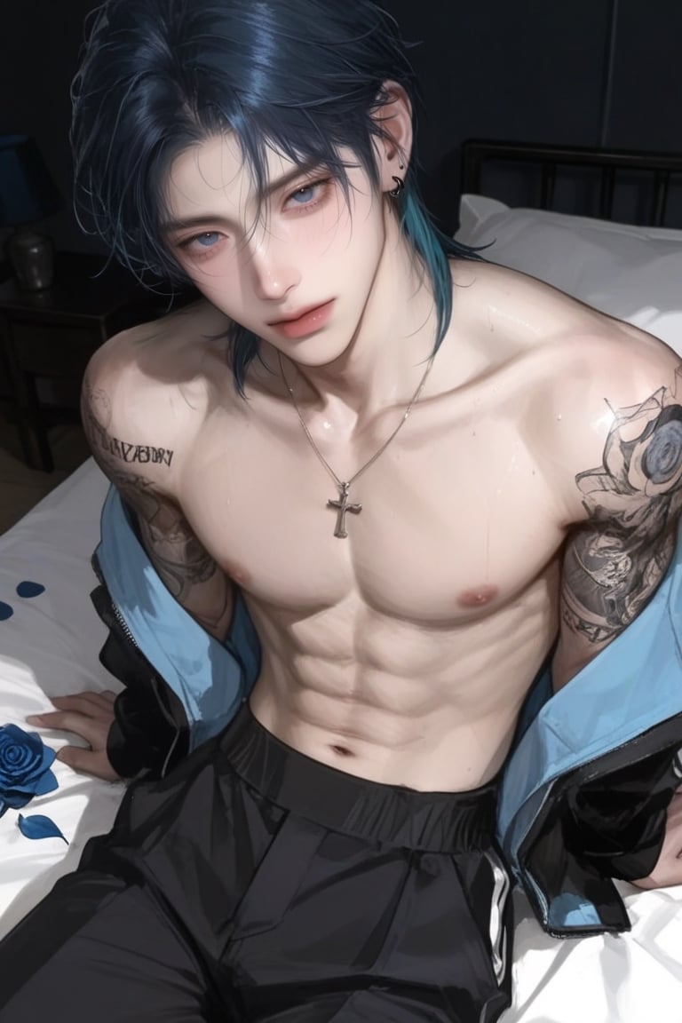 A young man have short hair dark Blue mullet and bluish-blue eyes,  has pinkish skin and a slight lift at the corners of h...