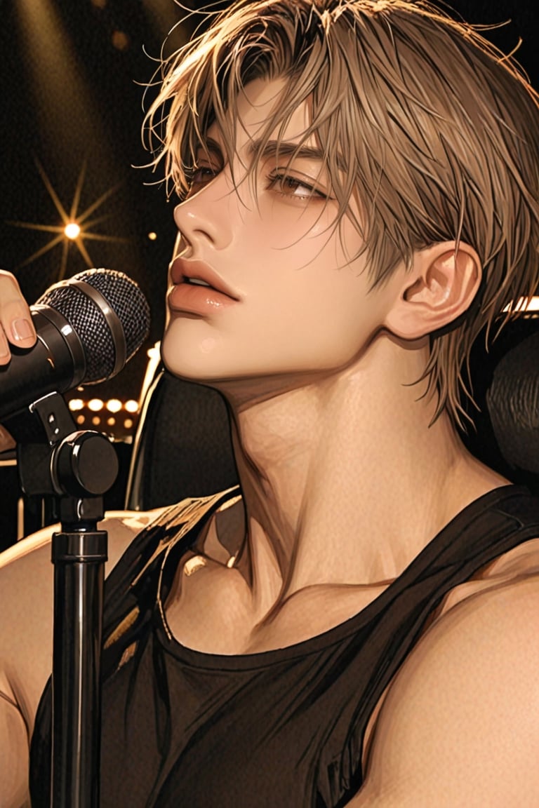 A handsome Thai-Japanese male singer with messy light brown hair and deep brown eyes,  wearing a stylish black tank top an...