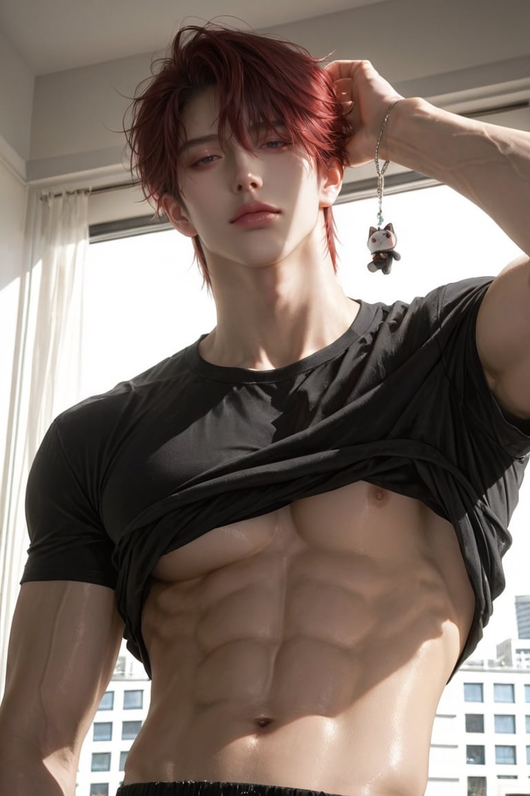 1man stands alone. He has sharp,  dark gray eyes,  deep red hair in a messy wolf-cut style (neck-length) (side-swept bangs...