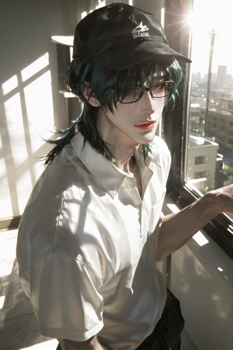 Smiling 1 handsome man,  grey eyes,  Matcha green hair color by ต้อดกะต้อด on Tensor.Art