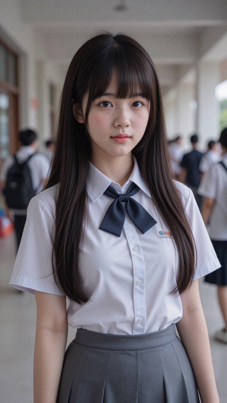 Hyper-realistic portrait of a 17-year-old Indonesian high school girl,  Bella. Pale skin,  long straight black hair with h...