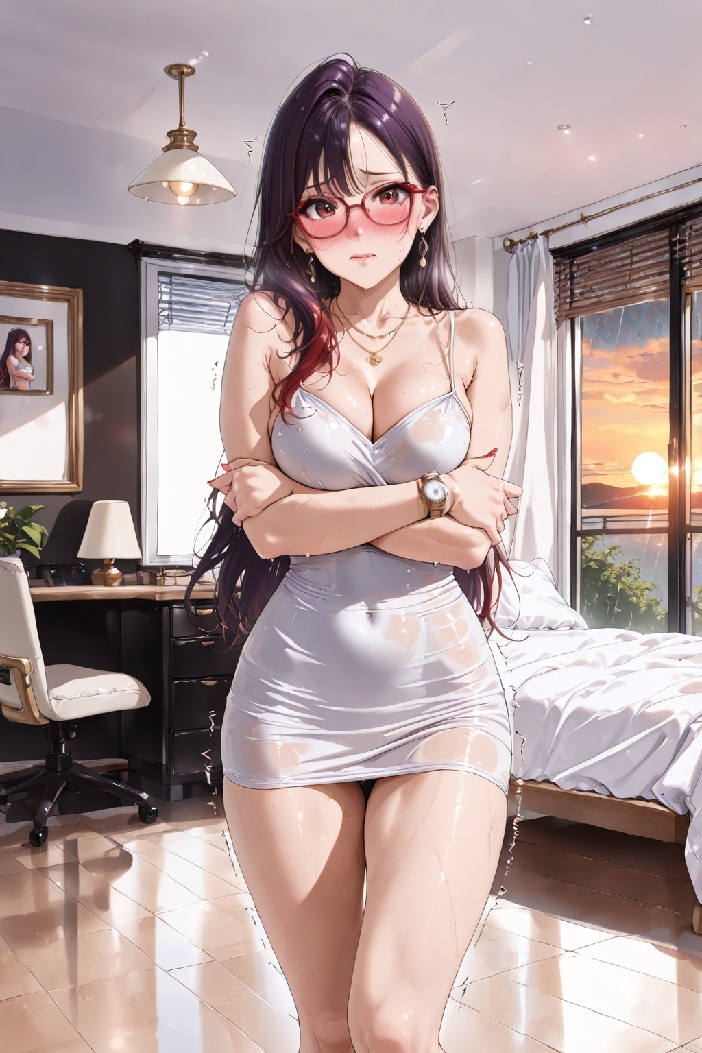 ((Extremely detailed and complex realistic setting,  minimal visible details on character and environment,  soft ambient l...