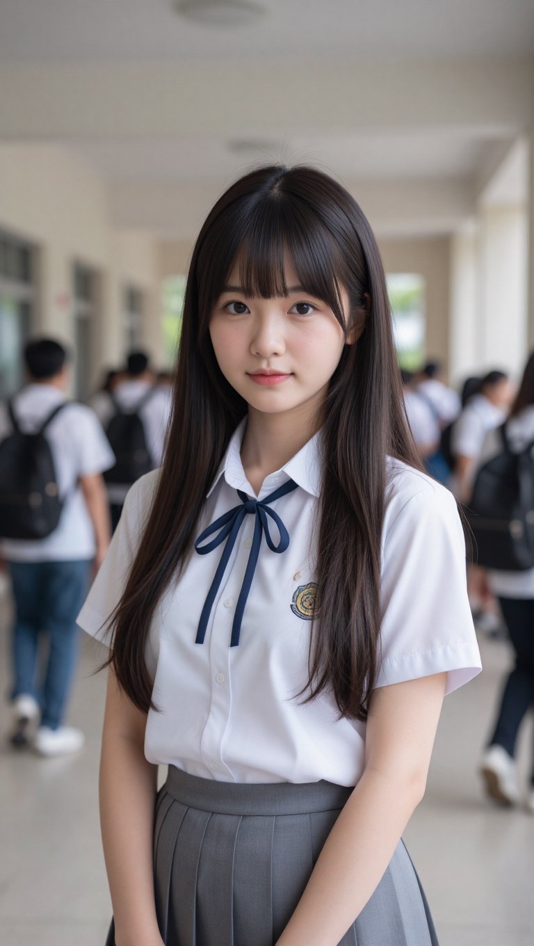 Hyper-realistic portrait of a 17-year-old Indonesian high school girl,  Bella. Pale skin,  long straight black hair with h...