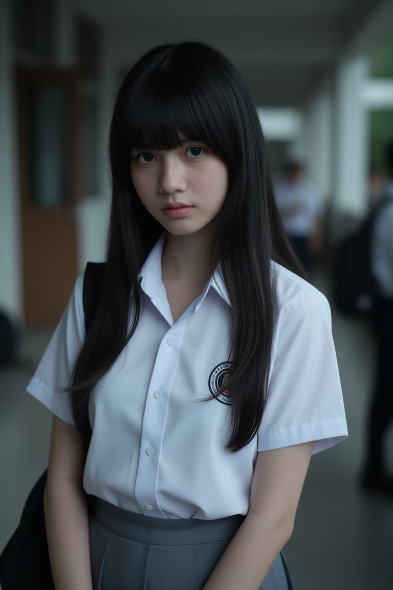 Hyper-realistic portrait of a 17-year-old Indonesian high school girl,  Bella. Pale skin,  long straight black hair with h...