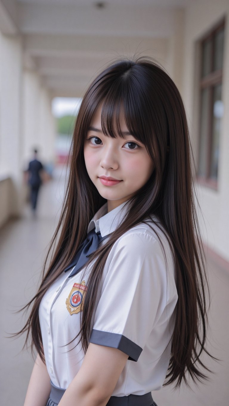 Hyper-realistic portrait of a 17-year-old Indonesian high school girl,  Bella. Pale skin,  long straight black hair with h...