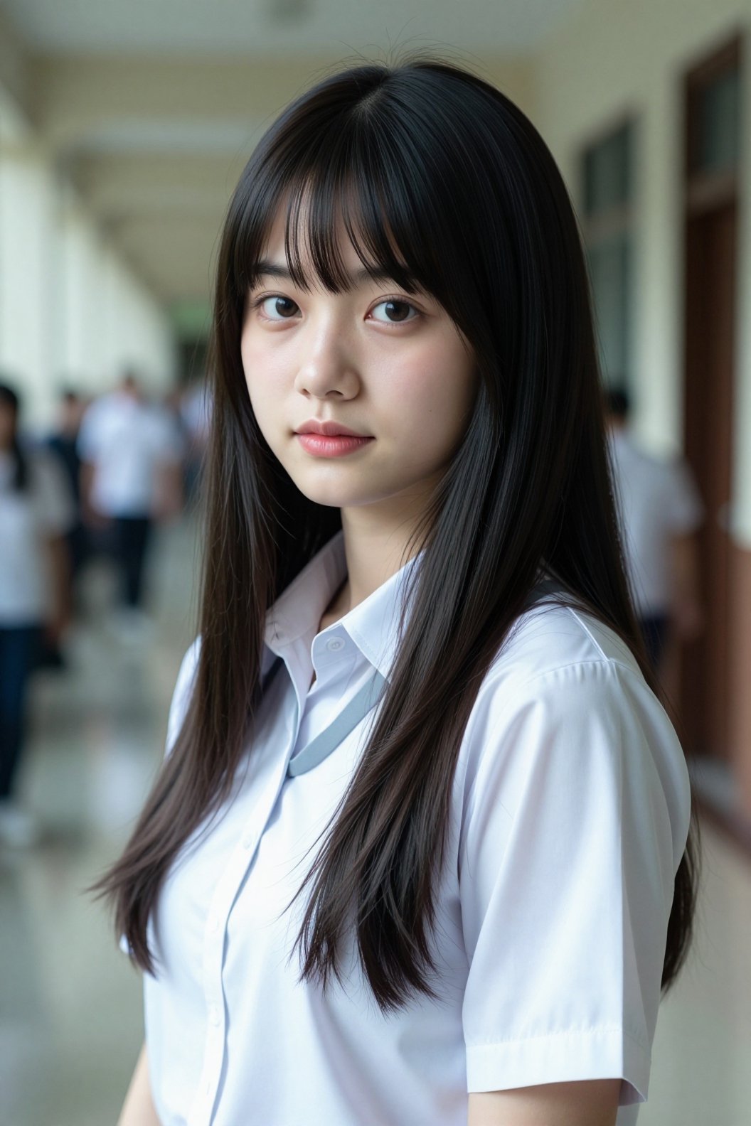Hyper-realistic portrait of a 17-year-old Indonesian high school girl,  Bella. Pale skin,  long straight black hair with h...