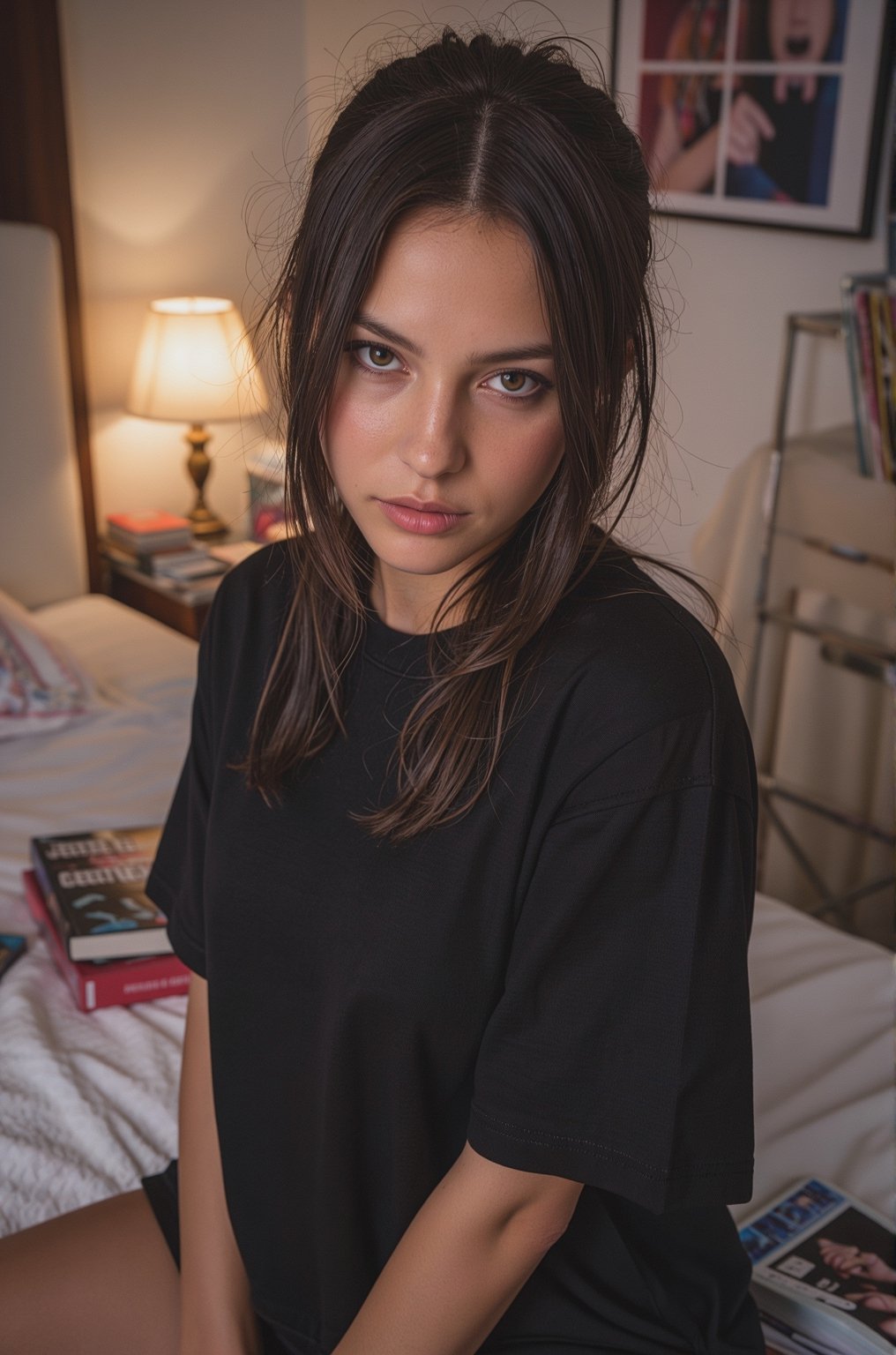 Hyper-realistic shot of Bella in her bedroom. Wearing an oversized black t-shirt,  messy hair,  looking directly at the ca...