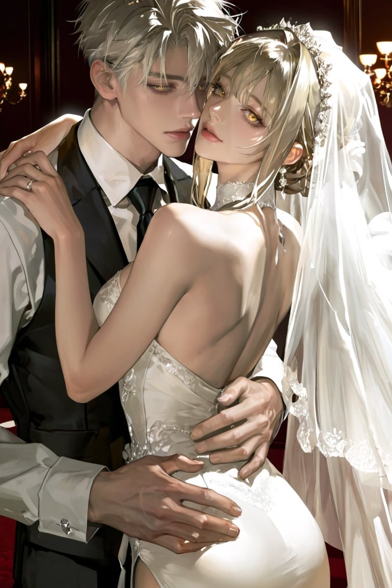 A romantic wedding couple in an elegant luxurious room. The bride has long soft light-blonde hair,  smooth fair skin,  and...