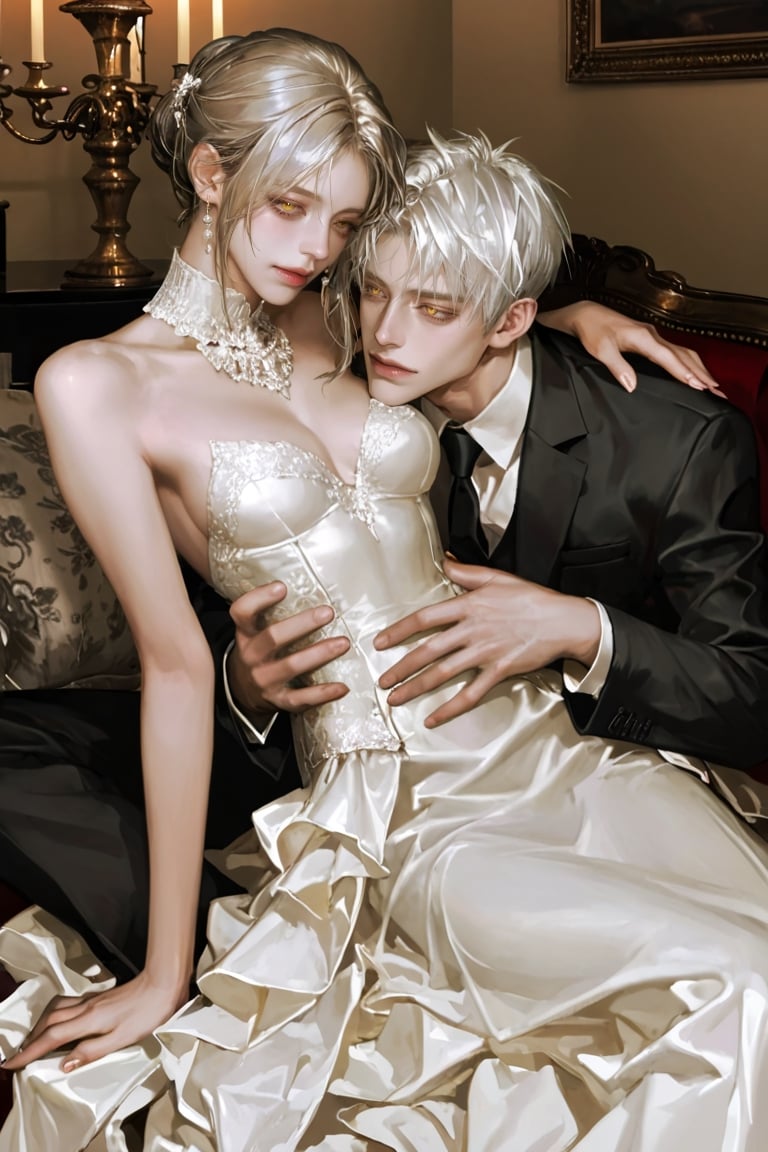 A romantic couple dressed in elegant historical European attire,  facing each other lovingly. The young woman has long,  s...