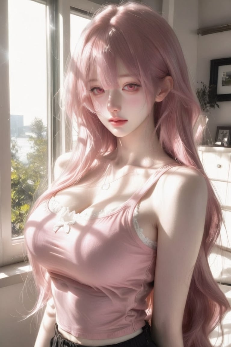 Anime-style young woman with long flowing hair split between black and white colors,  bright pink eyes,  wearing a simple...