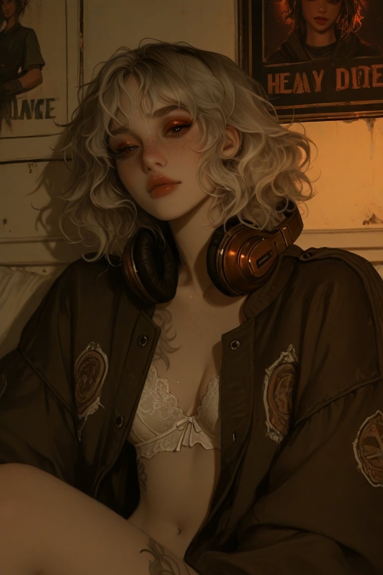 Digital painting of a young woman with a heart-shaped face and platinum blonde messy wavy hair,  doe eyes with heavy lids...