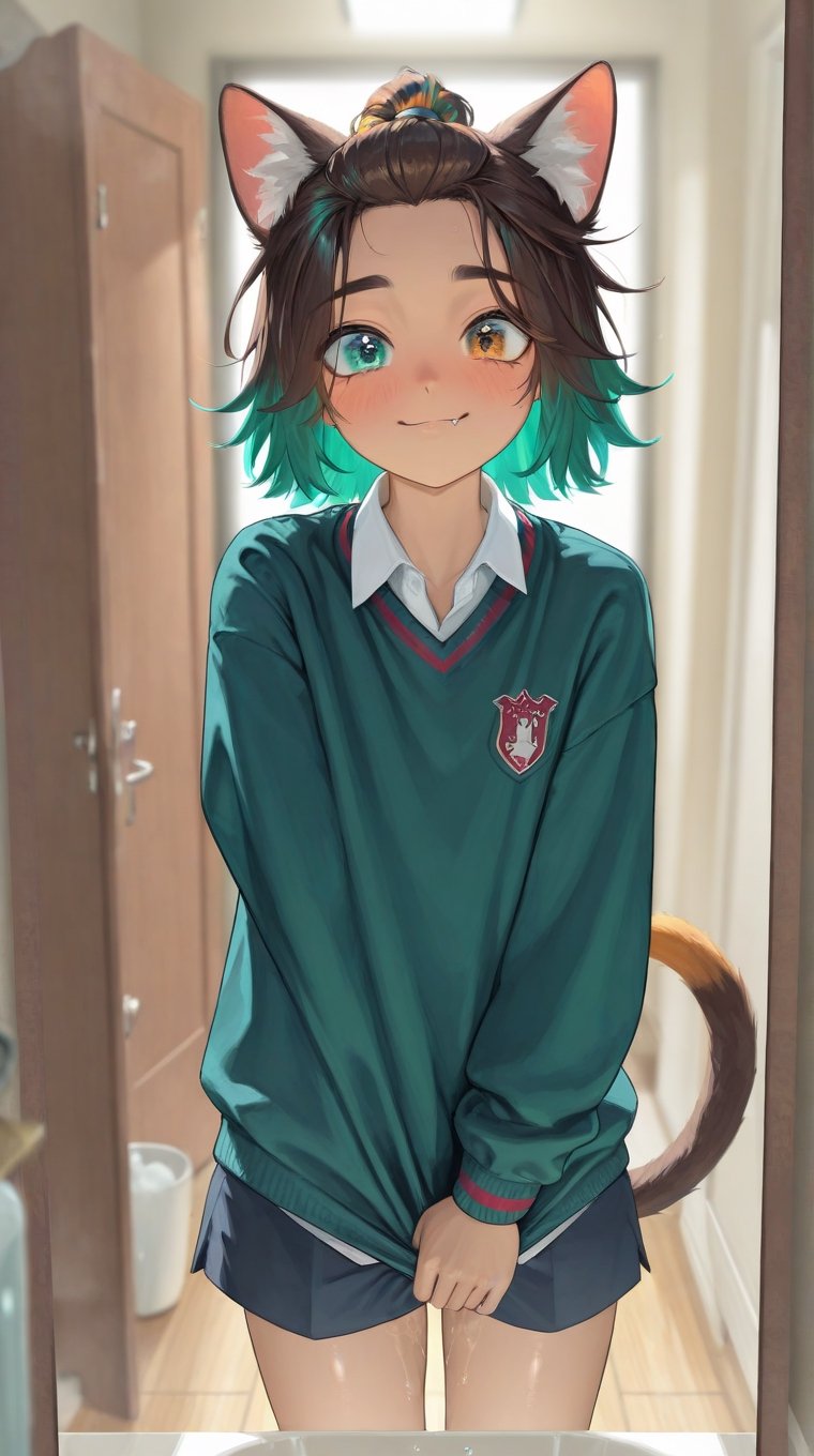 Kieran's sharp heterochromatic eyes—one green,  one brown—mirror the ombre of his long,  fluffy ponytail. His light skin c...