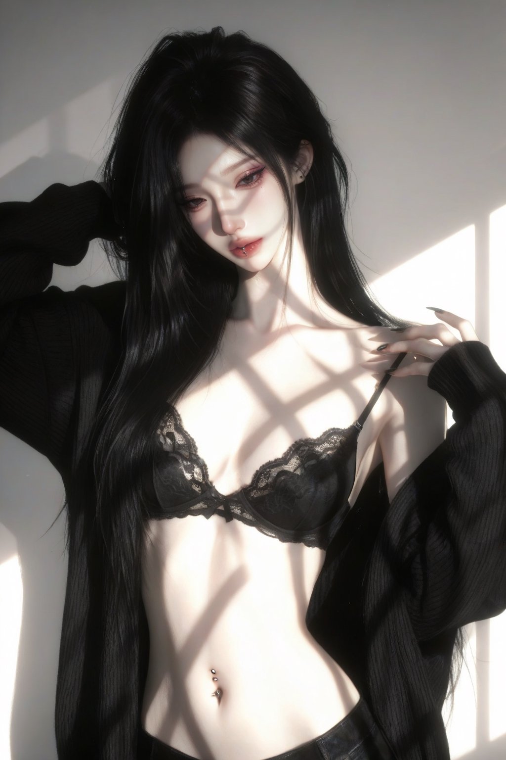 A woman’s torso,  wearing a black lace bra and an open black cardigan,  slim waist by Meimo on Tensor.Art