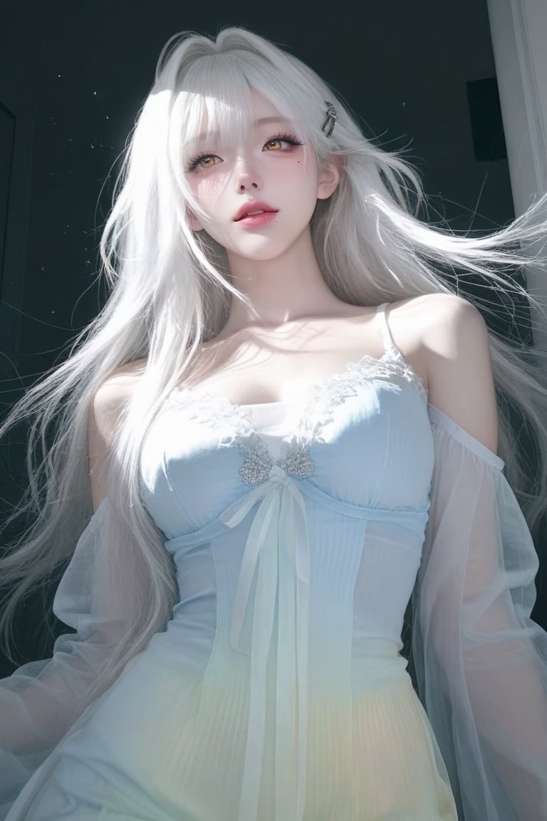 1Girl,  (white hair),  long spider-silk white hair cascading down her delicate frame. Large by hhhh on Tensor.Art