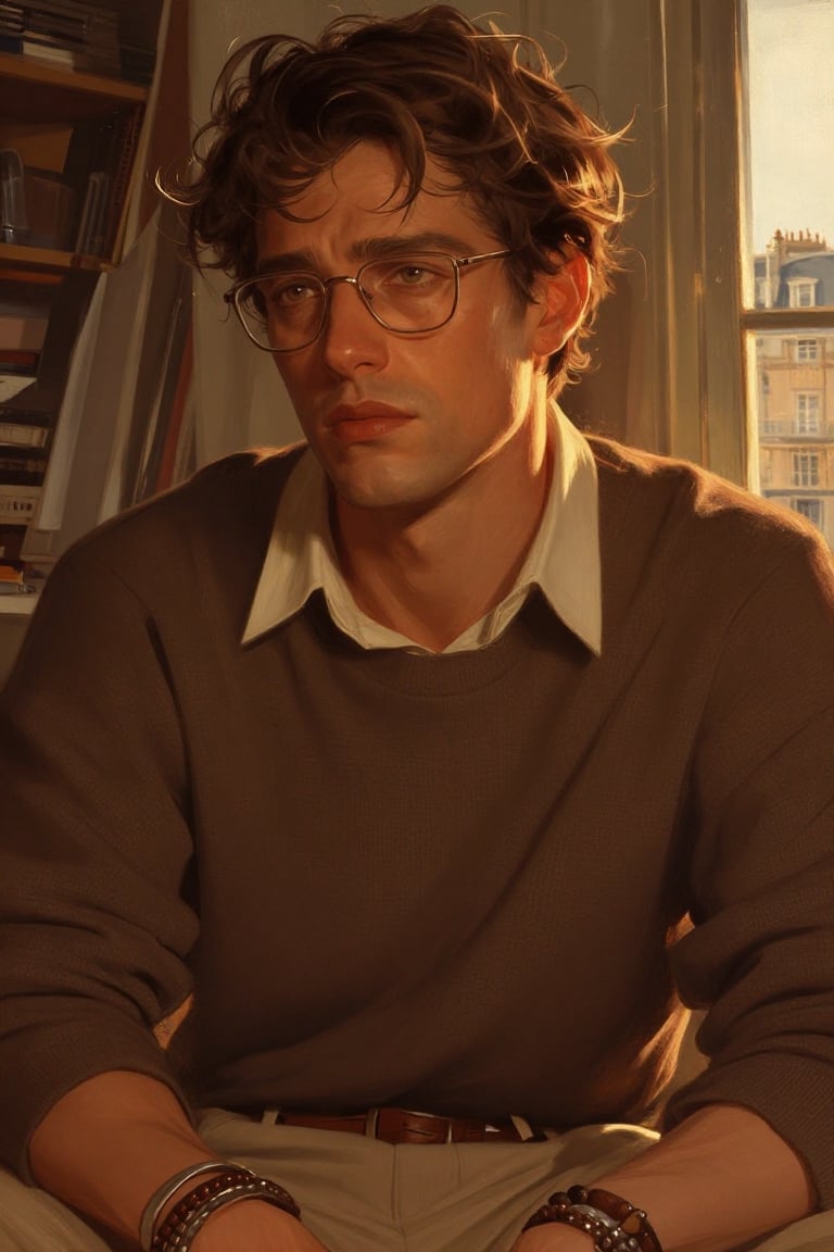 Male focus close-up portrait of a 30-year-old French-European man,  caught in a candid melancholic moment — tousled short-...