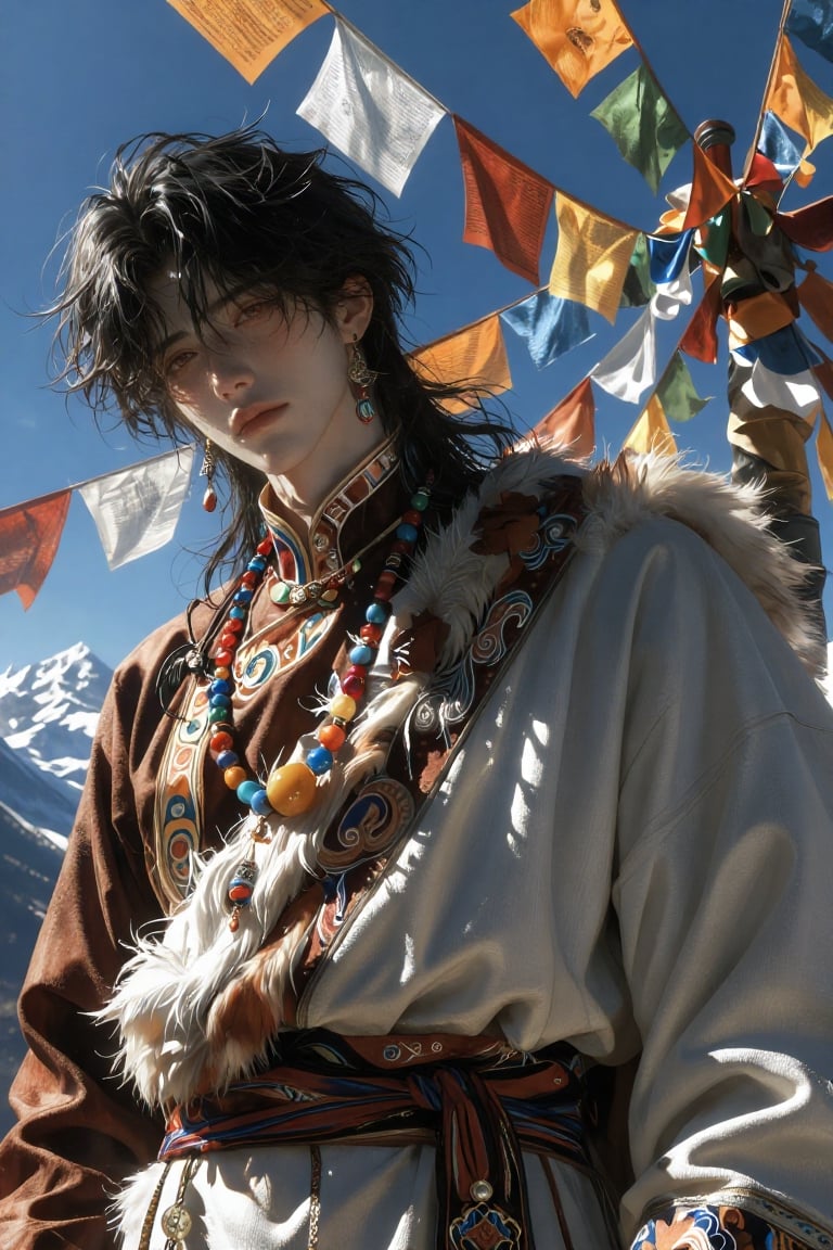 A person with long dark windswept hair is wearing intricate,  traditional attire adorned with multicolored beads and fur t...