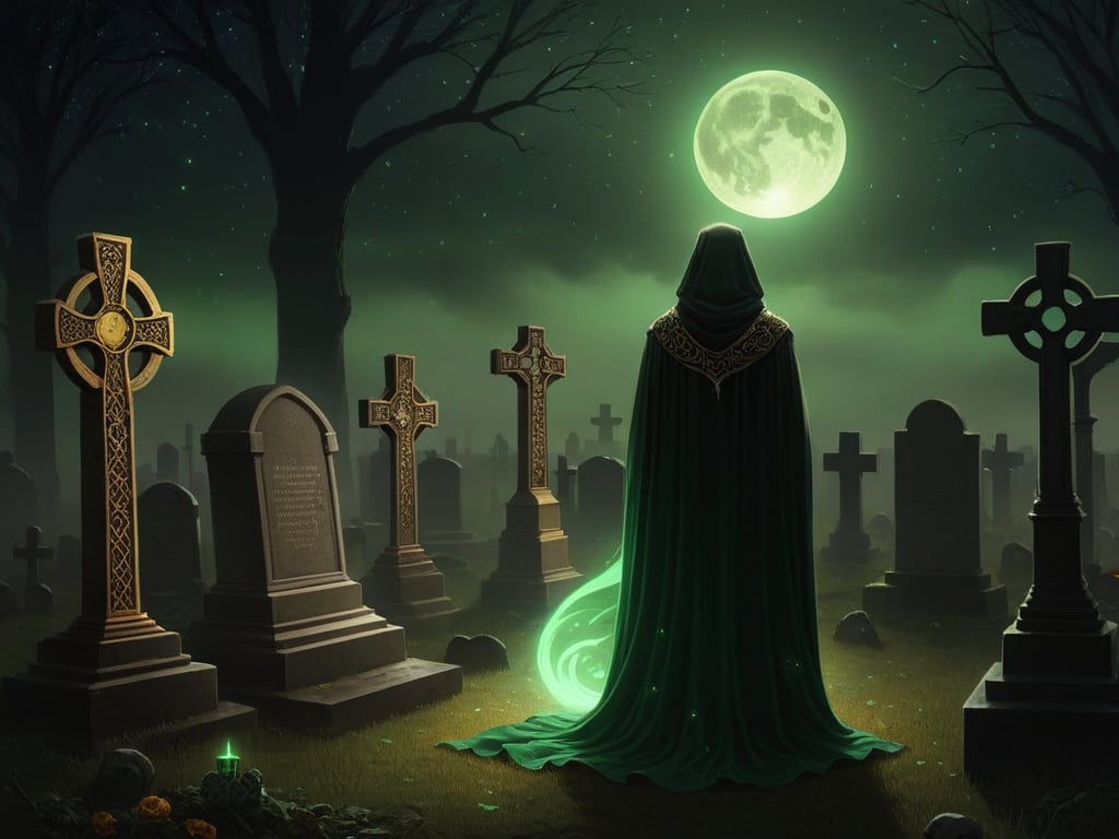 score_9,score_8_up,score_7_up,lots of small parts, ultra detailed,detailed grim reaper, robe, view from behind, cloak, long cloak, long coat,intricate golden patterns, embossed robe,scarf, sad, sorrow, emotional, tears, nighttime, eerie green glow, fog, moon light, stars, graveyard, grave tombstone, (stuffed animal by grave), detailed graveyard, detailed background, Celtic, 