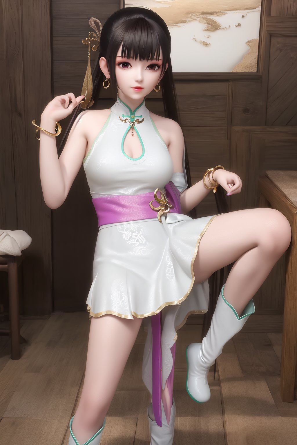 crystalstexture skin,8k,RAW photo,best quality,masterpiece,realistic,photorealistic,ultra-detailed,extremely detailed cg 8k wallpaper,looking at viewer,indoors,1girl,solo,long_hair,black_hair,hair_ornament,jewelry,bare_shoulders,earrings,hair_rings,standing,dress,chinese clothes,bare legs,boots,spread legs,