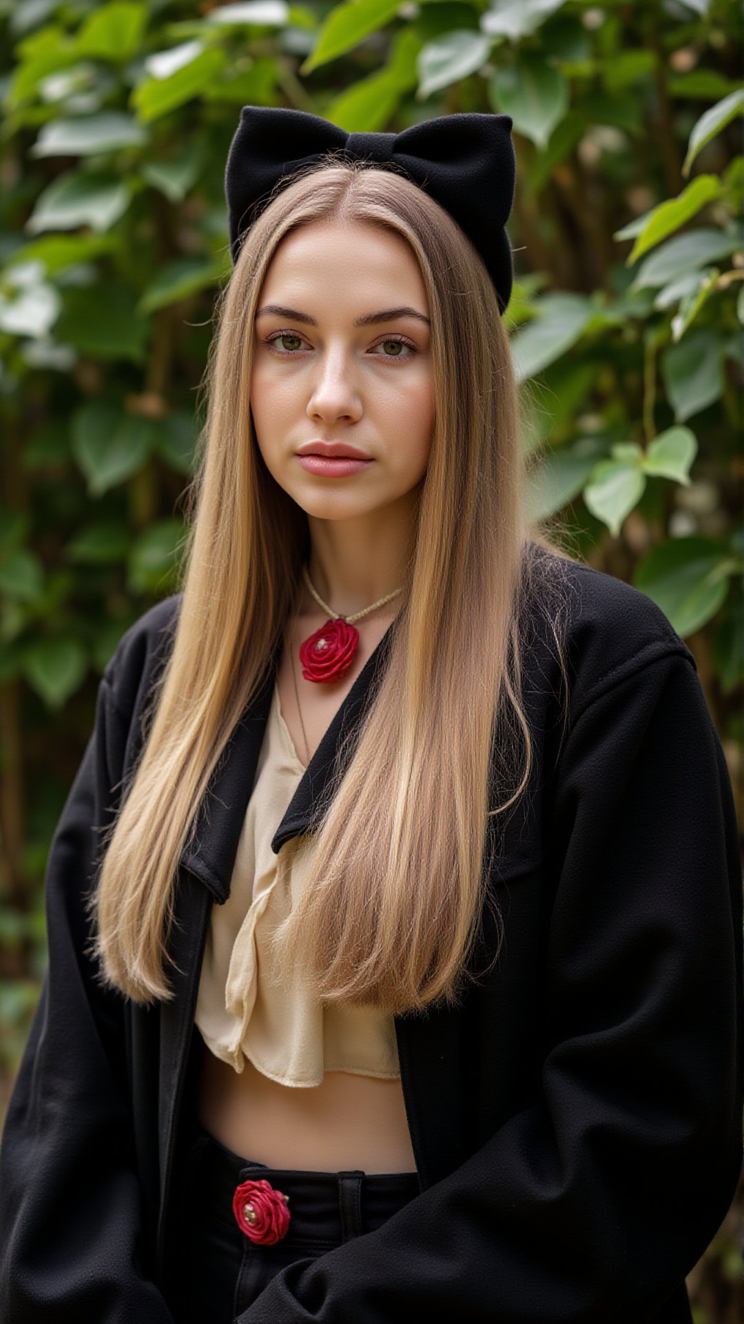 portrait, close up of a (Galadriel:1.3) , Galadriel is Traveling, in Black and Beige garb, The Red and White garb has a bow, foliage, philosophical, close-up, aidmaRealisticPeoplePhotograph, midjourneyv6.1