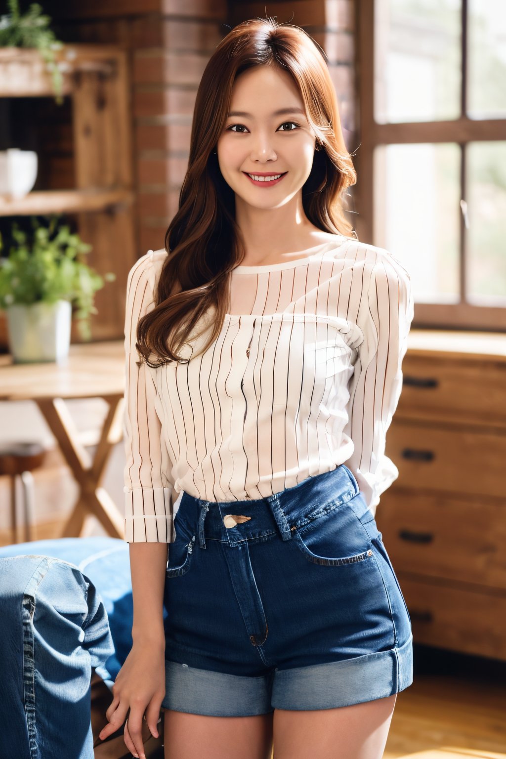 1girl, somin, somin\(runningman\), sitting, dress, cowboy shot , smile, denim shorts, white shirt, arm up, looking at viewer, indoors, masterpiece, high quality, highres, absurdres, realistic, photorealistic, 