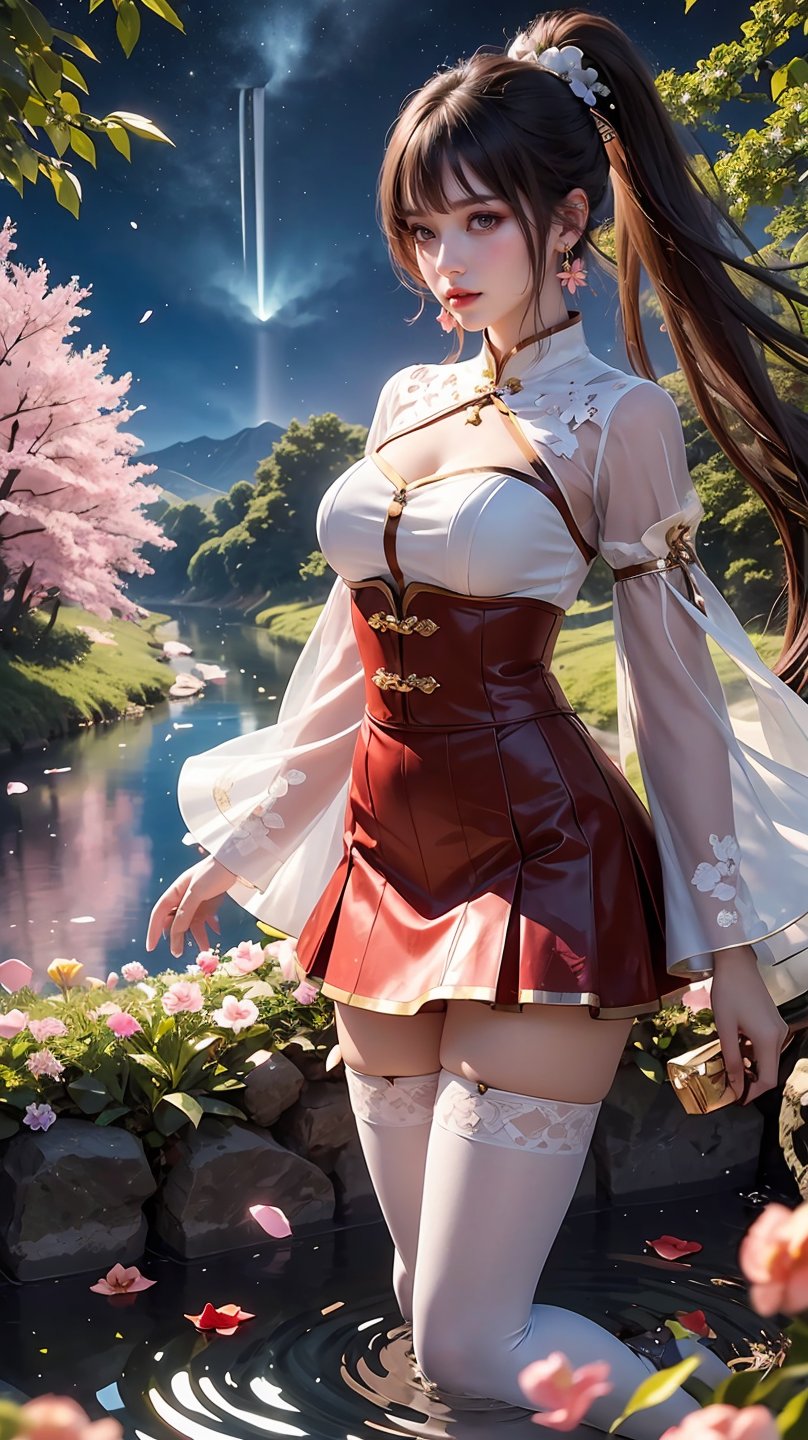 1girl,solo,long hair,ponytail,dress,brown hair,white thighhighs,flower,long sleeves,chinese clothes,black hair,hair ornament,wide sleeves,see-through,realistic,closed mouth,breasts,very long hair,high ponytail,night,petals,skirt,earrings,(flower field:1.3),(tanono:1.3),starry_sky,(river:1.2),waterfall,rock,shoes,mizu,rose petals,cowboy shot,kneeling,, branch,falling petals,lake,leaves in wind,outdoors,petals,petals on liquid,ripples,tree,wading,water,wind,peach blossom,peach blossom petals,