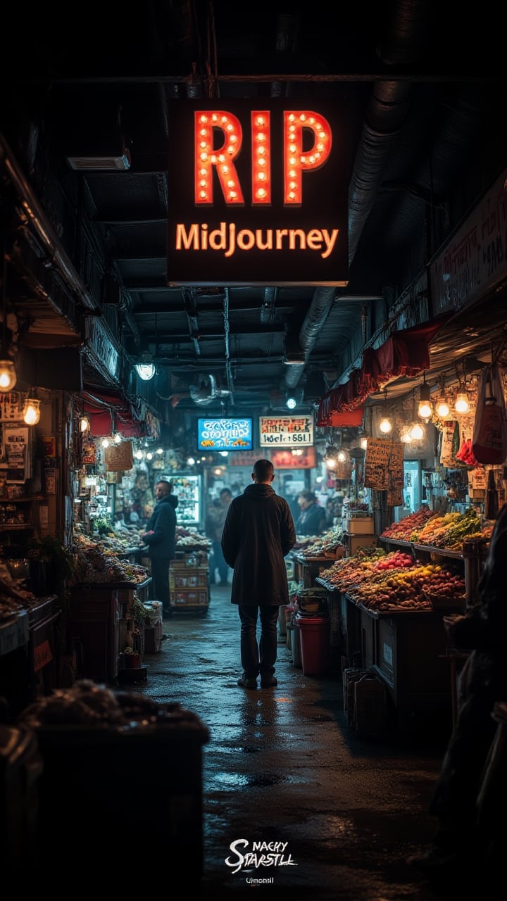 Stunning Poster with Text:"RIP Midjourney", "1, 2, 3, 4, tell me that you love me more.", inside a Market, Starlight, Cinestill, midjourneyv6.1