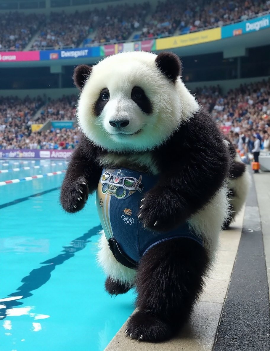 The image is a high-resolution photograph of a charming panda named Huahua, depicted standing at the edge of an Olympic swimming pool. Huahua has her distinctive black and white fur, and she is dressed in a sleek, professional swimsuit, complete with a swim cap and goggles. The swimsuit is detailed with racing stripes and team logos, adding to her athletic appearance.Huahua's round, chubby body is covered in thick, soft fur, with black patches around her ears, eyes, and legs. Her expression is one of intense focus and determination, with her brows slightly furrowed and her eyes looking straight ahead, ready to dive into the water. Her posture is strong and poised, with her arms positioned to streamline her dive.The background features a vibrant swimming pool with crystal-clear water, marked with racing lanes and surrounded by a bustling arena filled with spectators. The lighting is bright and artificial, highlighting the details of Huahua’s fur, swimsuit, and the pool environment. The scene captures the energetic and competitive atmosphere of a swimming competition.The overall composition of the image focuses on Huahua, making her the primary subject and capturing the unique and whimsical nature of a panda as a dedicated and serious athlete, ready to compete in a swimming race.,huahua, <lora:huahua_panda_Flux_V1-000002:1>