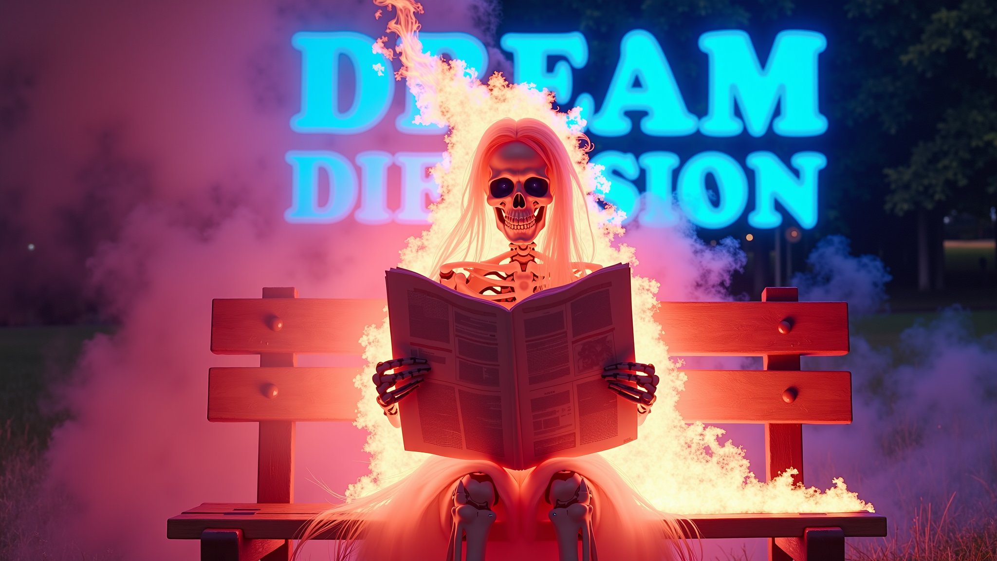 A photo of bailing fire,composed of fire and bellowing smoke elements,fire element,girl made of pink flames,surrounded by pink flames.,pink fire,pink flame,the skeleton in the image is sitting on a park bench on fire, long  fire hair,in the background the woman is surrounded by a bright blue aura that seems to be emanating from the skeleton.,skeleton is reading a news paper that is on fire, appears to be in the midst of a fire powerful display of energy, behind the skeleton is blue text in flame font, The text says "DREAM DIFFUSION FLUX PRO"