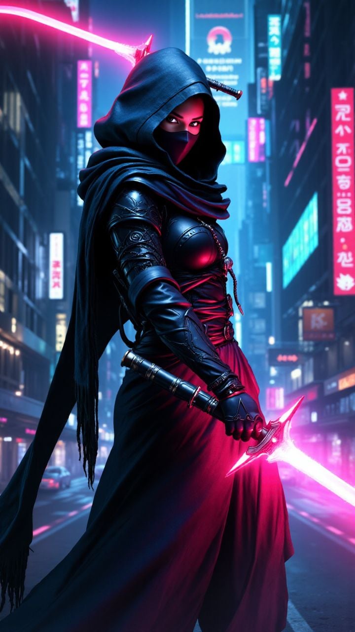 A cyborg ninja wielding a laser katana, neon-lit cityscape, futuristic armor, holographic HUD , <lora:aidmaDarkFantasy-FLUX-rapid-V0.1:1> , aidmaDarkfantasy